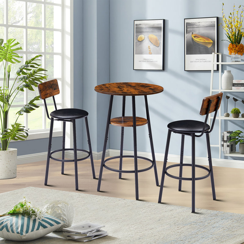 Ensemble de bar Tynica rustique avec table de bar ronde et tablette, piédestal, tabourets de bar à l'arrière convenant au salon et à la cuisine