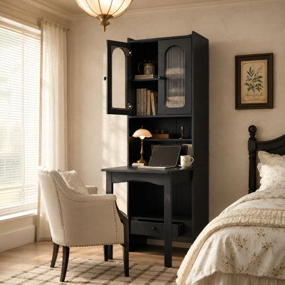 Secrétaire H 70,87 ", table d'écriture convertible escamotable, armoire à bibliothèque multifonctionnelle avec portes en verre, tablettes ouvertes et tiroir de rangement, poste de travail de bureau à domicile peu encombrant pour les petits espaces de chambre à coucher