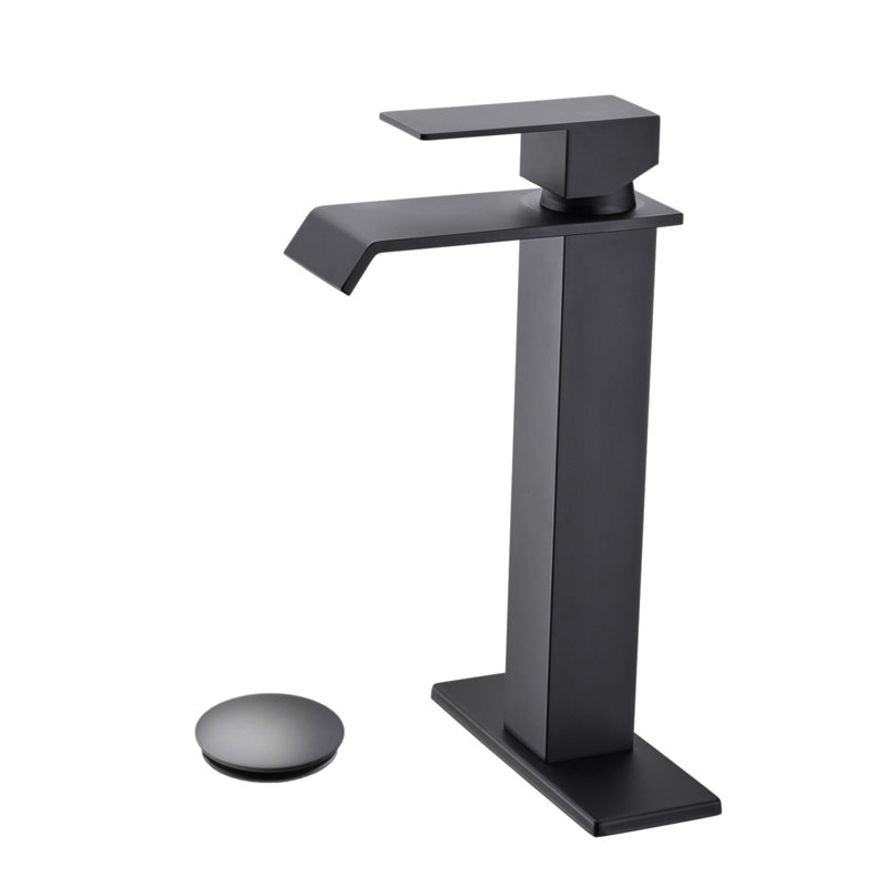 Robinet de lavabo de salle de bain à poignée simple avec bonde escamotable Waterfall, Noir mat
