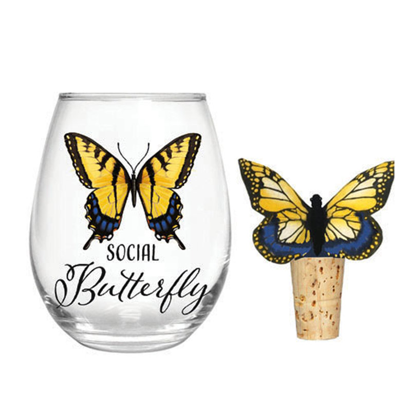Verre sans pied 17 oz avec bouchon papillon, papillon social, ensemble cadeau