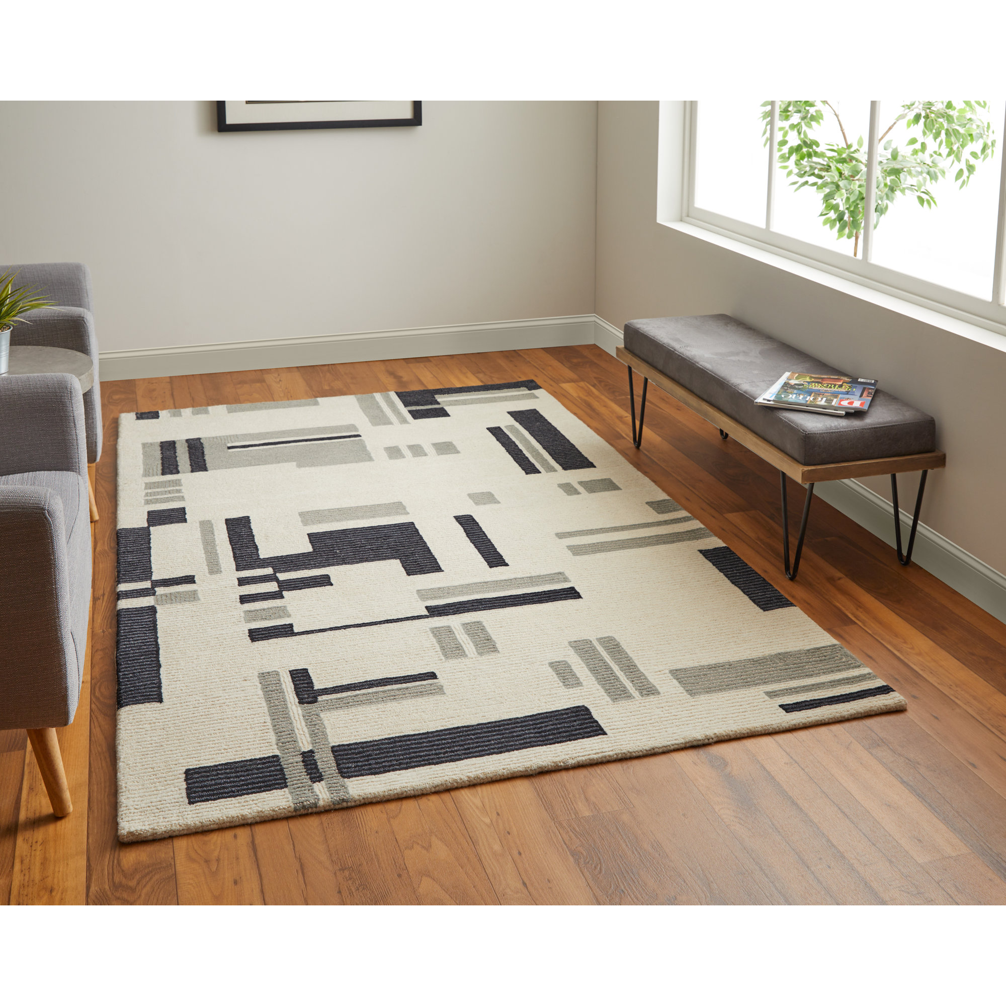 Nya Black/Ivory Rug, Rectangle 5' x 8'
