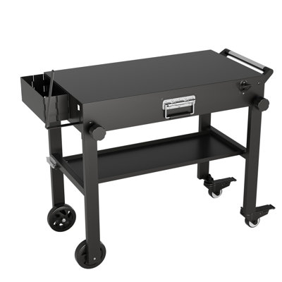 Outdoor BBQ Prep Table with Foldable Shelves, Heavy Duty Mobile Kitchen Cart on Wheels, Stainless Steel Top Grill Station for Blackstone, Black