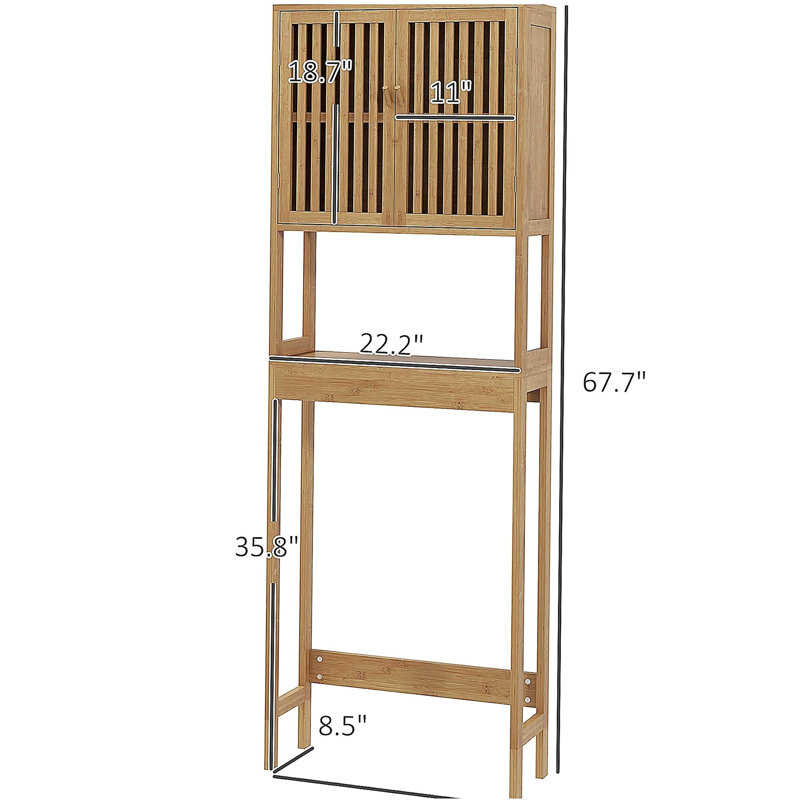 Bamboo Over the Toilet Storage Cabinet, Over Toilet Bathroom Organizer with Slatted Doors, Adjustable Shelf and Open Shelf, Natural