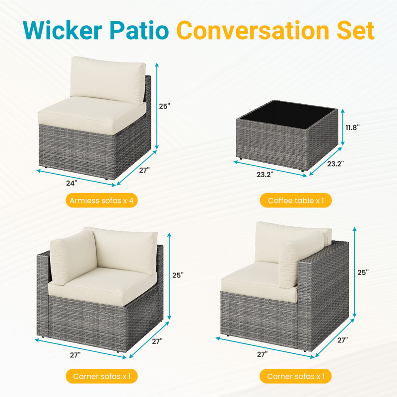 Wicker 6 - Person Modular Patio Conversation Set with Cushions, Gray Frame/Beige Cushion