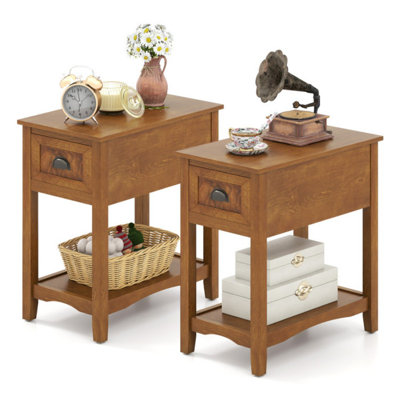 2 Pieces Retro Narrow Tiered End Table With Drawer And Storing Shelf
