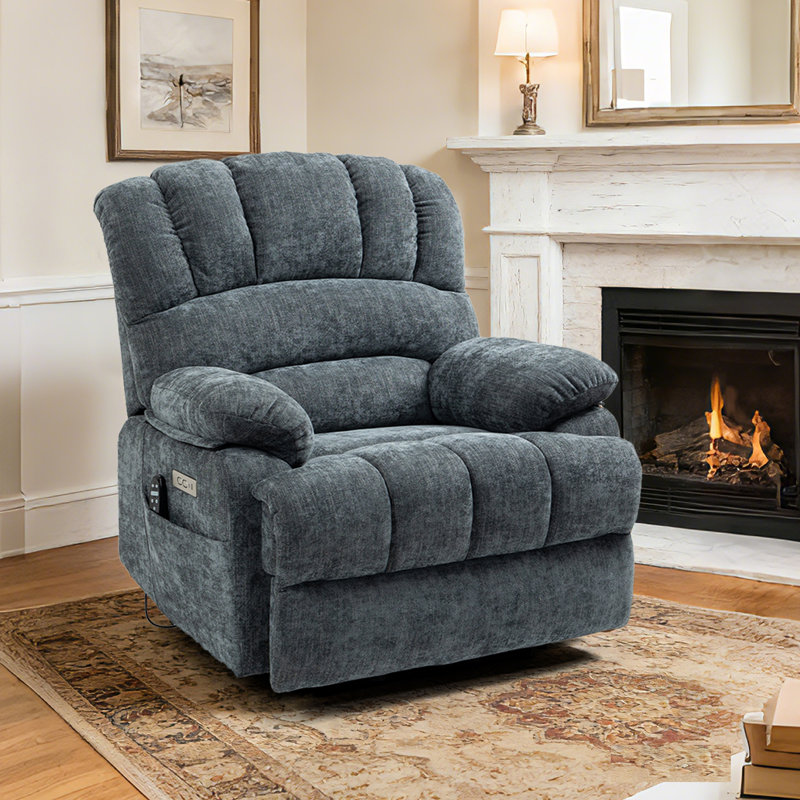 Emalina High Back Large Size Power Lift Assist Recliner with Heat, Massage, Gray Chenille