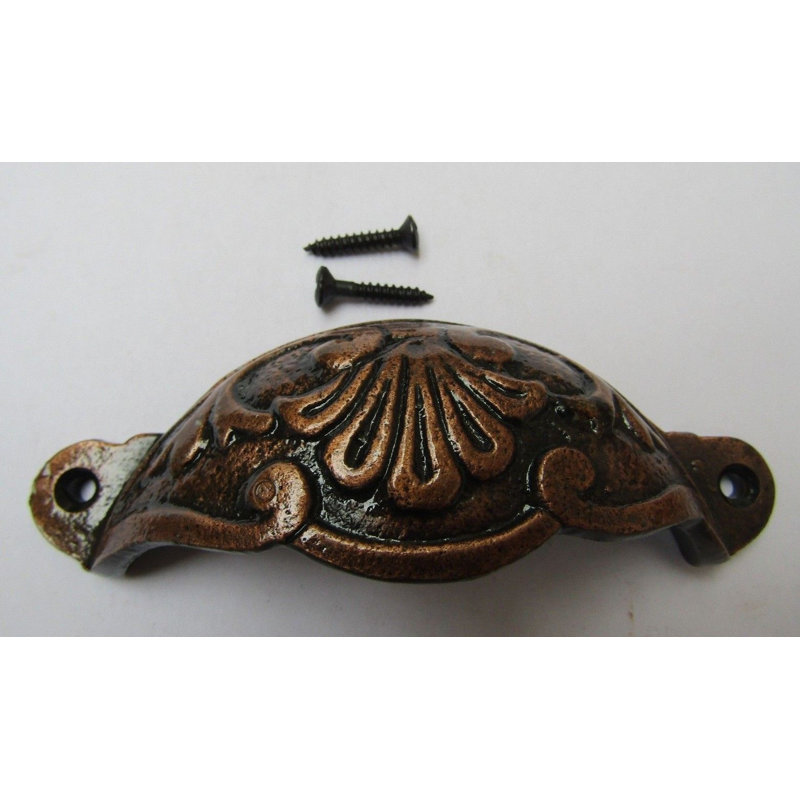 Floral Cup Pull Handle Antique Brass on Iron, Antique Copper