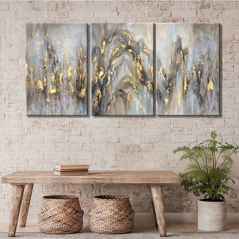 Abstrait montagne dorée abstraite, art texturé sur toile - Toile tendue avec châssis de qualité supérieure - prête à être accrochée (ensemble de 3