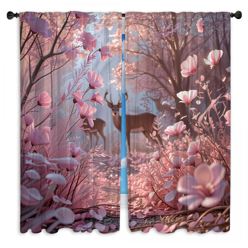 Rideaux de fenêtre cerf avec fleurs roses, 20in x 50in - 2 panels, Transparent