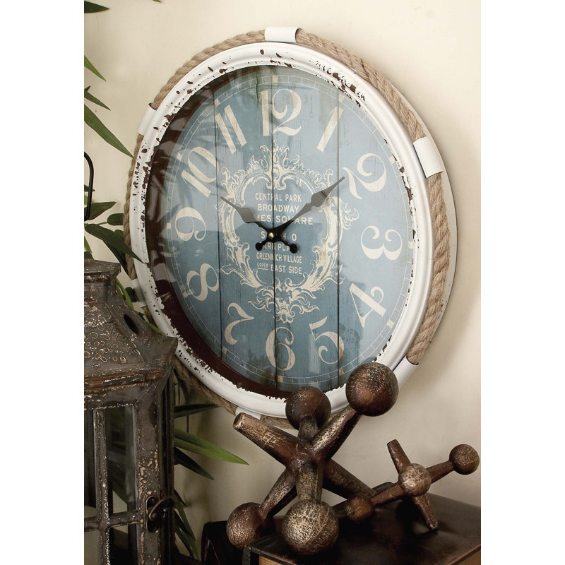 Ethoridge Metal Decorative Wall Clock with Rope accent, Small, White/Light Blue