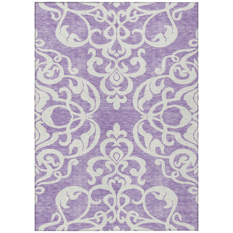 Purple and White Synthetic Flat Woven Rectangular Rug