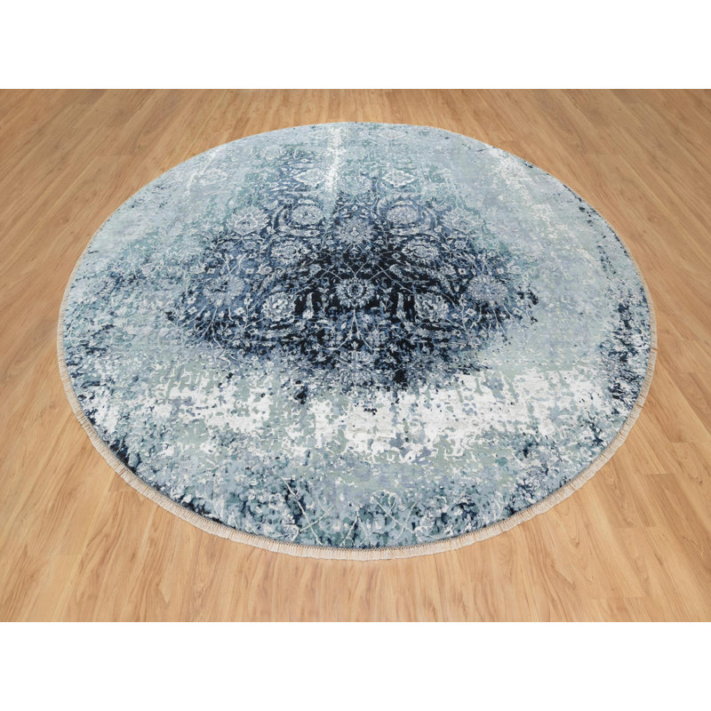 Tapis oriental rond gris en laine et en soie noué à la main 12 pi 0 po x 12 pi 0 po - MOA10290808, Rond 12 pi
