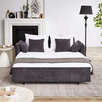 3 - In 1 Adjustable 66 Inch Sleeper With Pullout Bed, Soft Corduroy, Stable Structure, And Side Pockets, For Rv Convertible Bed 4 Pillows, Steel Frame, Corduroy Upholstery, Living Room