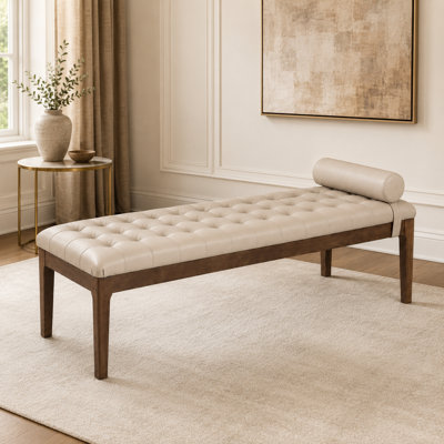 Banc de 66 po en taupe avec repose-tête en velours et pieds en noyer pour repose-pieds