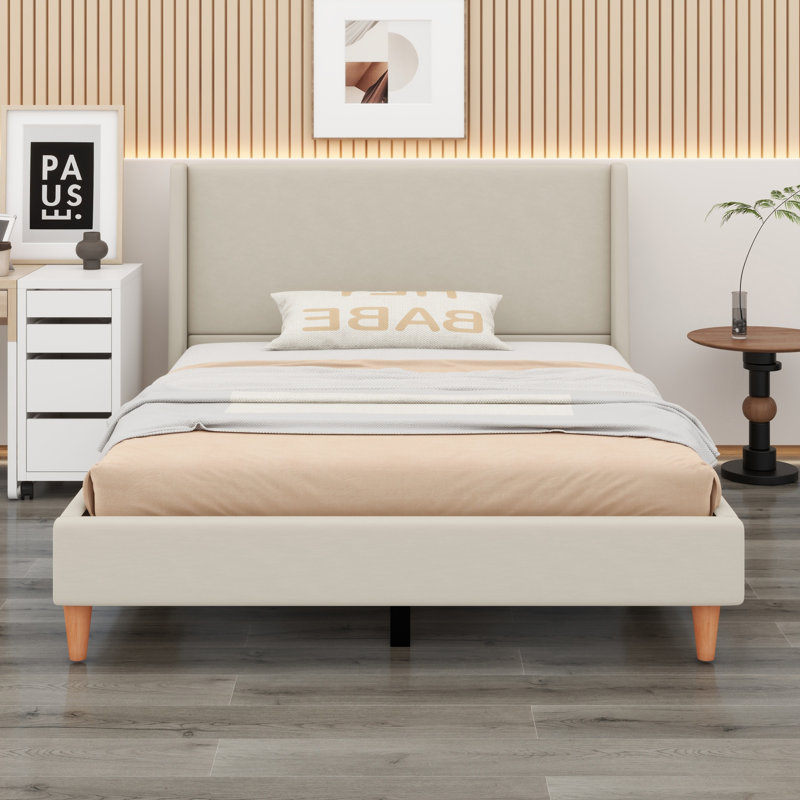 Lit plateforme tapissier avec tête de lit à oreilles et pieds en bois, Grand, Beige