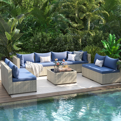 9 Pieces Rattan Patio Conversation Sets With Cushions