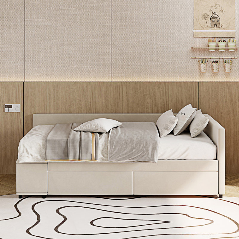 Lit plateforme simple tapissier en forme de L avec rangement et tiroirs, Beige