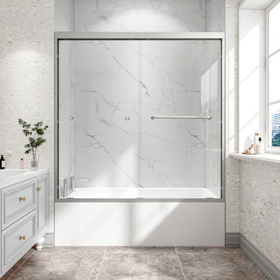 Porte de douche coulissante double à double dérivation avec une plage de largeur de 55 à 60 po, couleur nickel brossé, cadre en alliage d'aluminium, verre trempé de 1/4 po de 6 mm, surface sans effet d'empreinte digitale, hauteur de 60 po, finition, réglable