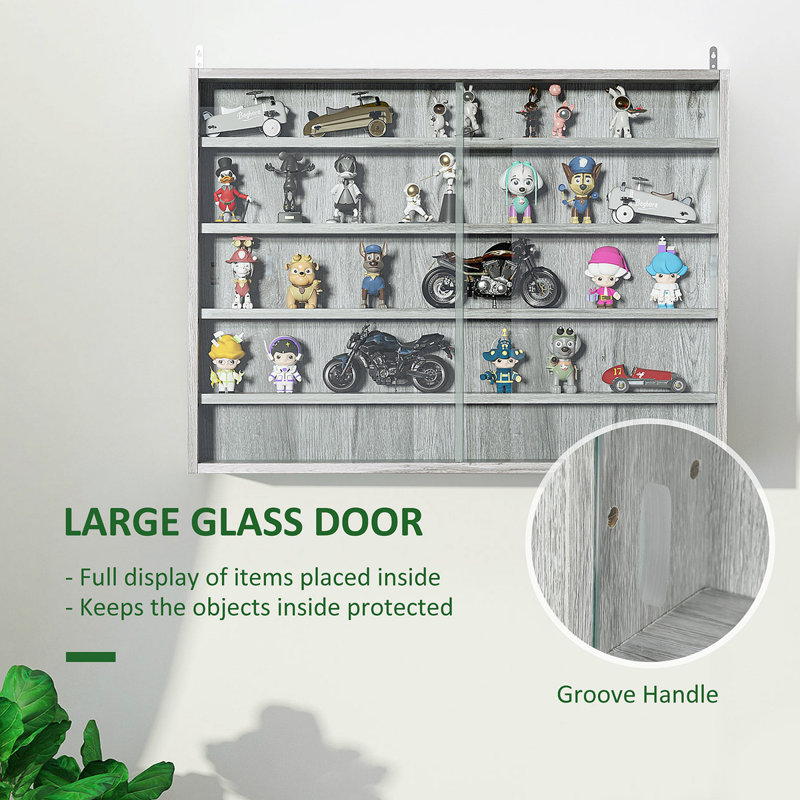 Gray Wood 5-Tier Wall-Mounted Display Cabinet with Glass Doors