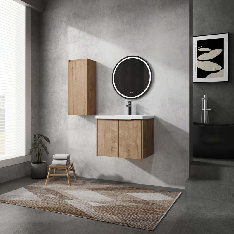 Meuble-lavabo mural avec lavabo et armoire latérale, portes à fermeture douce, armoire combinée