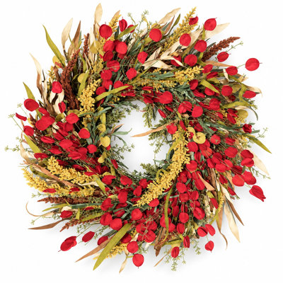 Couronne d'automne artificielle rustique de 66 cm avec feuillage, fleurs et herbes dorées à l'aspect séché, style ferme, pour la décoration de porte d'entrée, le mur ou le porche de la maison à l'occasion de Thanksgiving.