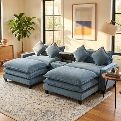 Canapé modulaire en chenille de 111 po avec deux repose-pieds amovibles, deux ports USB, deux porte-gobelets et une grande boîte de rangement pour le salon