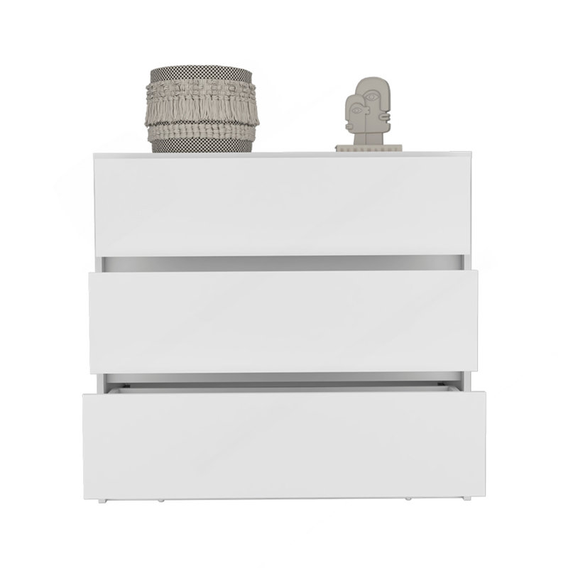 Commode Maldus, trois tiroirs, finition blanche, Blanc