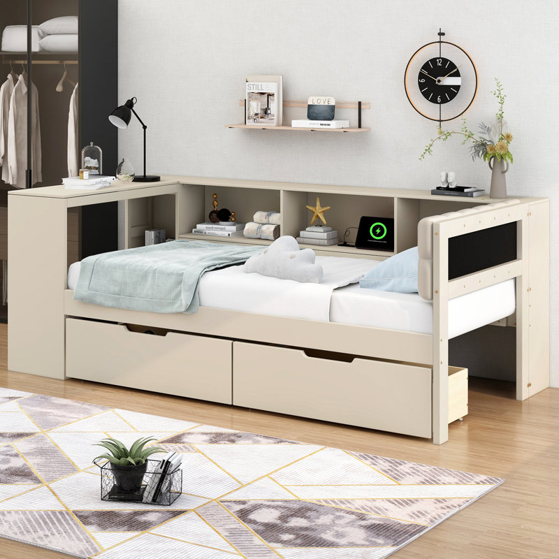 Lit de jour avec rangement et station de charge, Simple, Beige