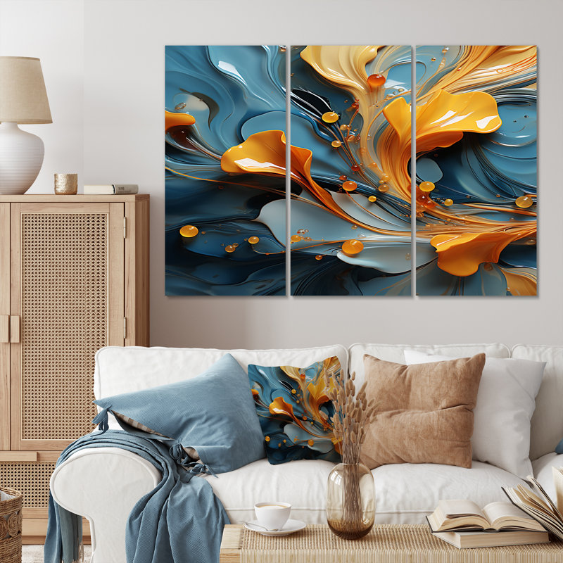«Modern Orange Leaves Floating On Tender Blue Wave - Abstract Shape», reproduction d'art sur toile