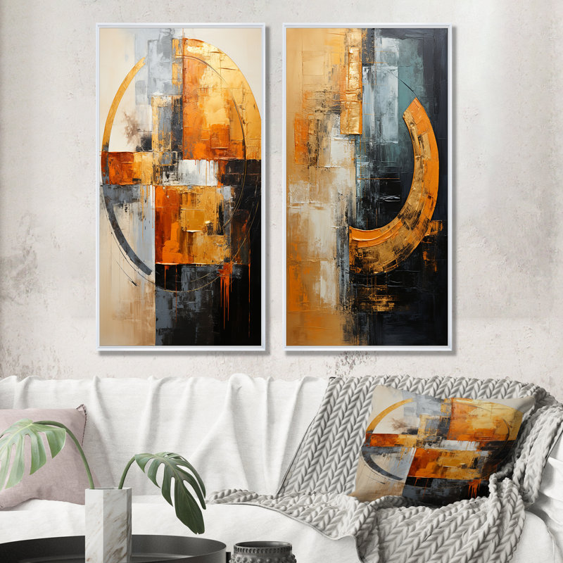 Croissant noir et cuivre - Formes abstraites, ensemble de 2 décorations murales, Cadre blanc, H 28 po x l 25 po