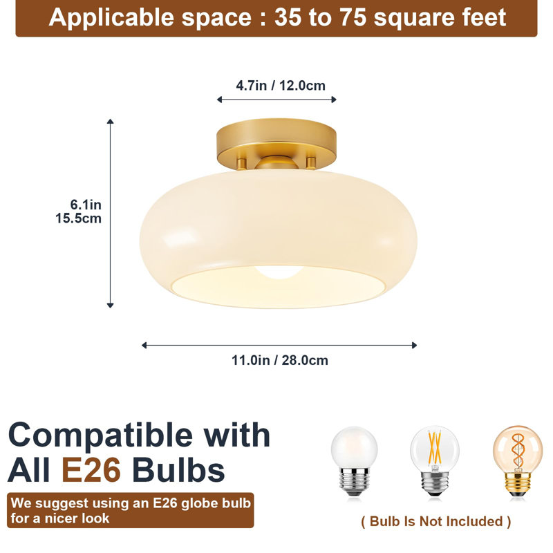 Plafonnier semi-encastré de style moderne Mid-Century doré, luminaire de cuisine avec abat-jour en verre, plafonnier blanc rétro pour salle de bain de vestibule (11,0 po)