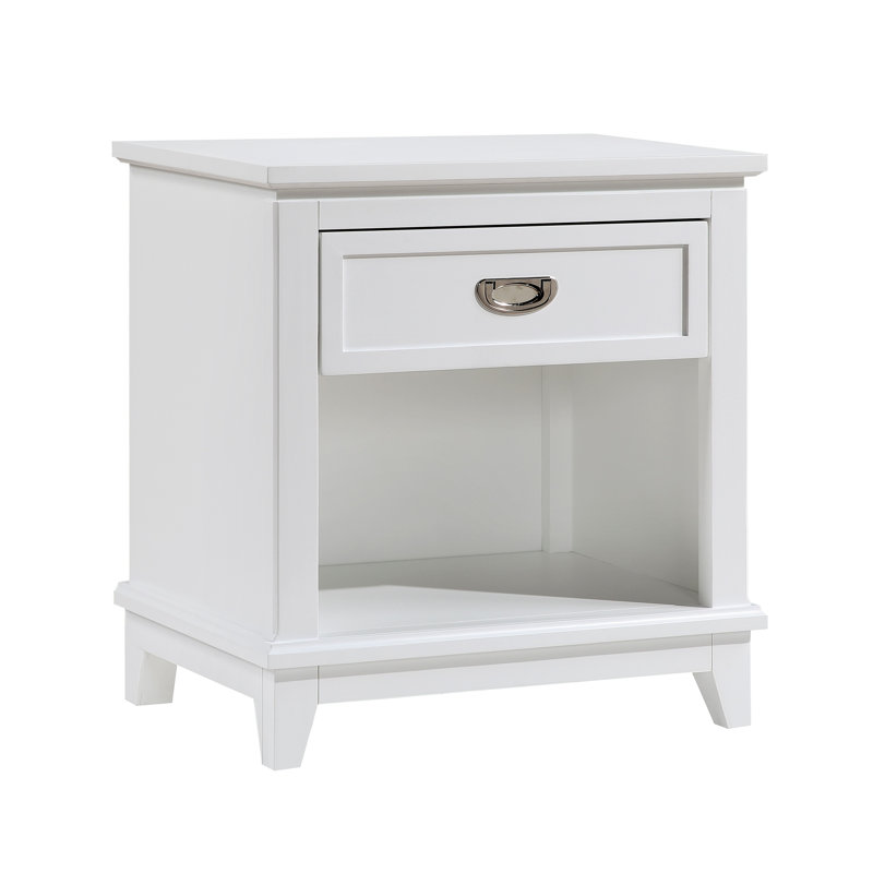 Table de chevet Sely, 1 tiroir avec compartiment ouvert, bois blanc, poignée en anneau, Blanc