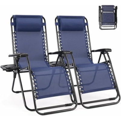 Ensemble de 2 fauteuils zéro gravité, fauteuil inclinable pliant | Fauteuil inclinable portatif pour jardin et camping avec assise réglable, dossier en maille, porte-gobelets pour piscine, plage et terrasse, bleu marine