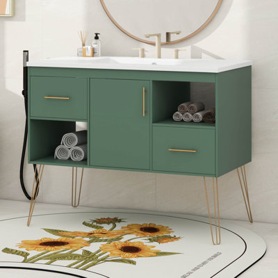 Meuble-lavabo 36 po avec lavabo, 2 tiroirs et tablettes et portes ouvertes, meubles-lavabos autoportants avec pieds et poignées dorés