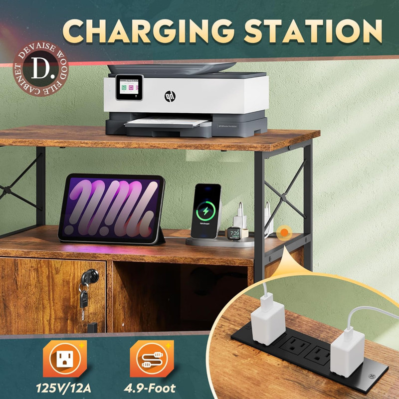 Rustic Brown Lockable File Cabinet With Charging Station For  Office - Printer Stand With Power Outlets, A4/Letter Size, Easy Assembly, Mobile Storage Solution