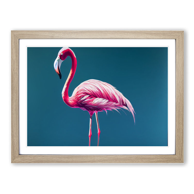 Appealing Flamingo - Single Picture Frame Print, 34cm H x 46cm W, Oak