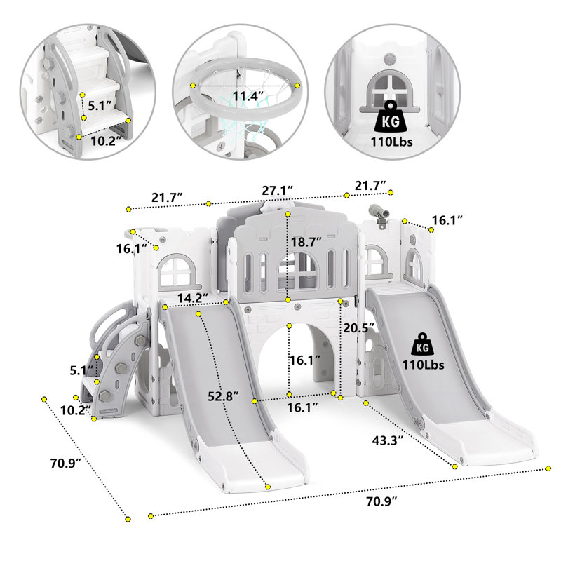Joyldias 70.9'' W 9 In 1  Plastic Climber Toddler Slide, Toddler Playground With Double Slides,, Gray/White
