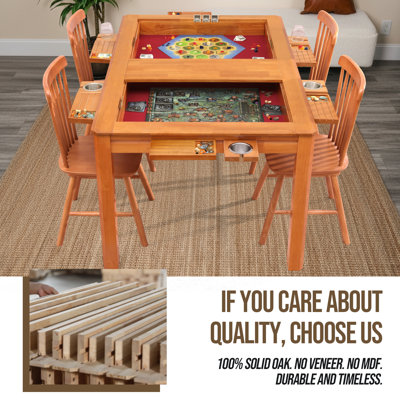 Table de jeu de société avec plateau amovible, table de salle à manger et de jeu en bois massif de qualité héritage pour 4 à 6 joueurs, tapis de jeu en néoprène, support à feuilles, 6 porte-gobelets et plateaux, grande aire de jeu de 54 po x 31 po, nature