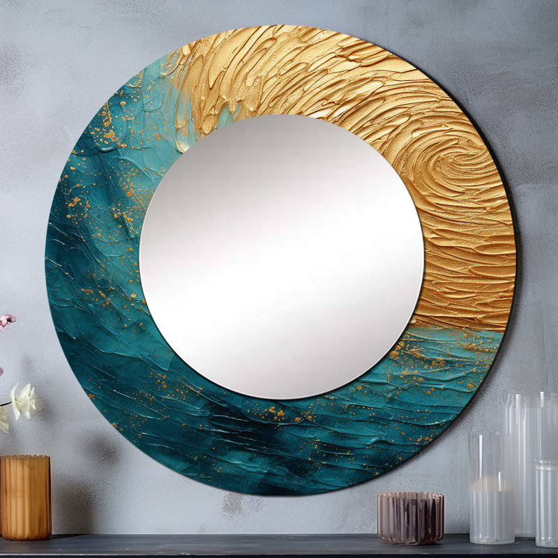 Or bleu sarcelle Alchimie spirale III - abstrait spirales murales miroir, 36 po x 36 po