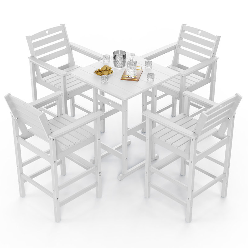 5-Piece Bar Height Outdoor Table and Chairs Set HDPE Wood Grain Patio Bar Table and Chairs with Heart Cutout Design, White