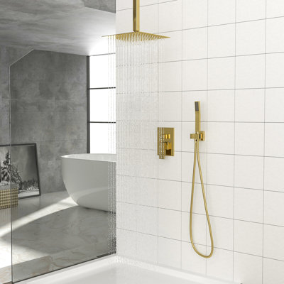 Système de douche carré doré de 40 cm (16 pouces) - Double pommeau effet pluie et douchette à main avec flexible de fixation au plafond