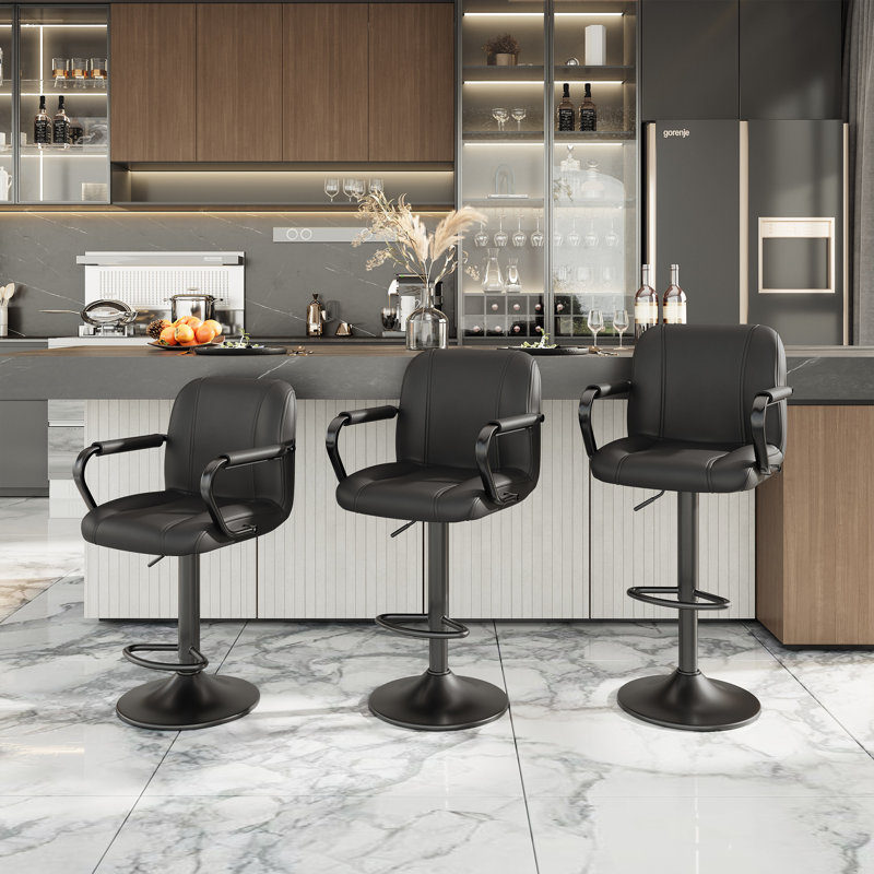 Tavion Adjustable Swivel Faux Leather Bar Stool with Armrests and Footrest, Black, Black