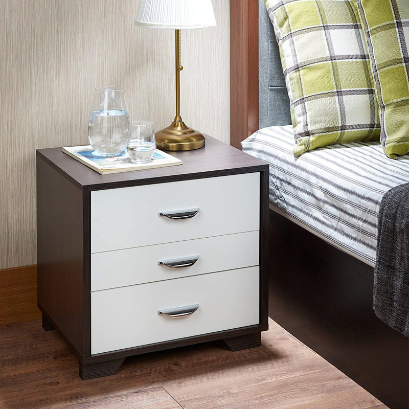 Table de chevet rectangulaire blanche et noire à 3 tiroirs pour chambre à coucher - Style contemporain