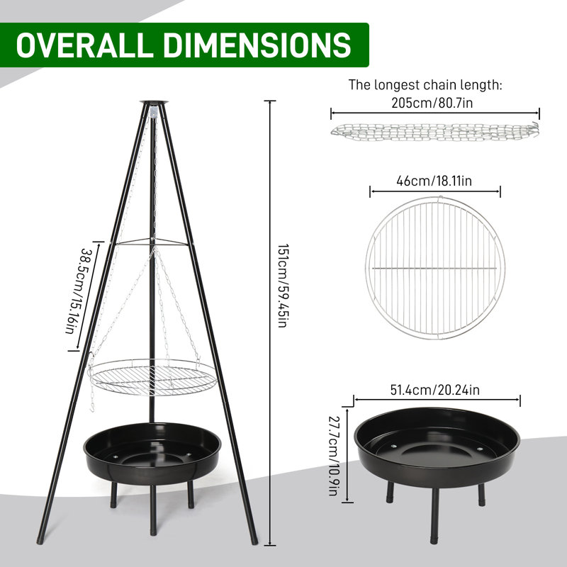 Campfire Tripod Grill Adjustable Height BBQ Grill Grate With Fire Bowl