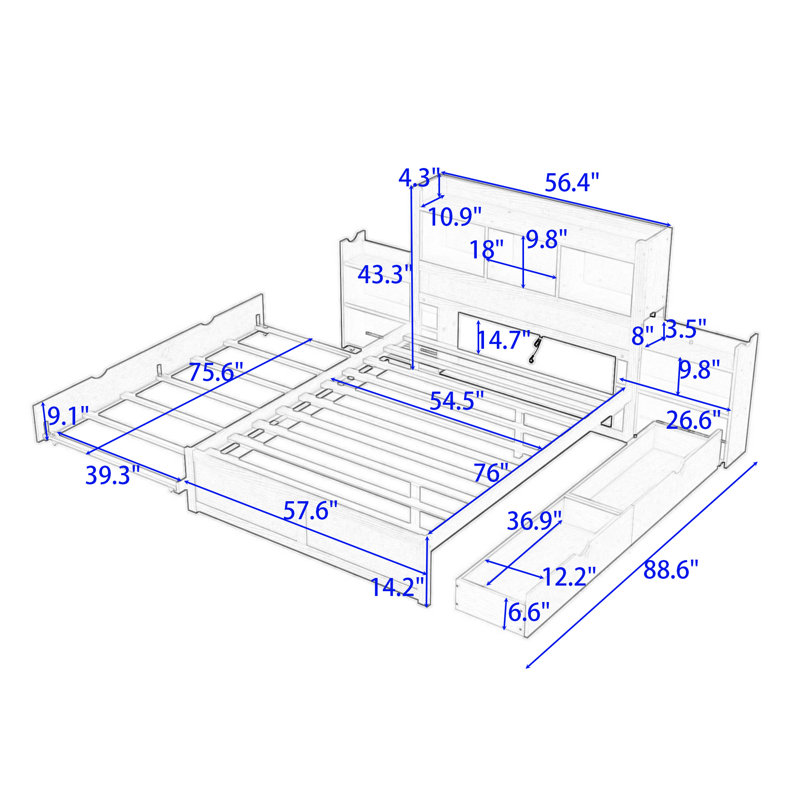 Lit plateforme en bois avec lit gigogne, tablettes et tiroirs Preli, Espresso
