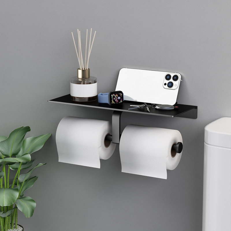 Porte-papier hygiénique noir mat avec tablette, Noir mat