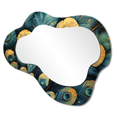 Emerald Peacock Feather Mosaic I - Peacock Animal Irregular Asymmetrical Mirror, Modern Wall Mirror, Printed on Metal