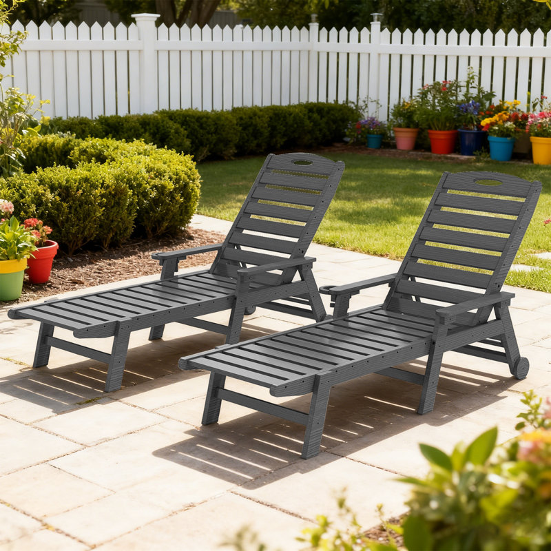 2-Piece All-Weather HDPE Wood Look Outdoor Chaise Lounge with Wheels, Cup Holder & 5-Position Adjustable Backrest, Gray