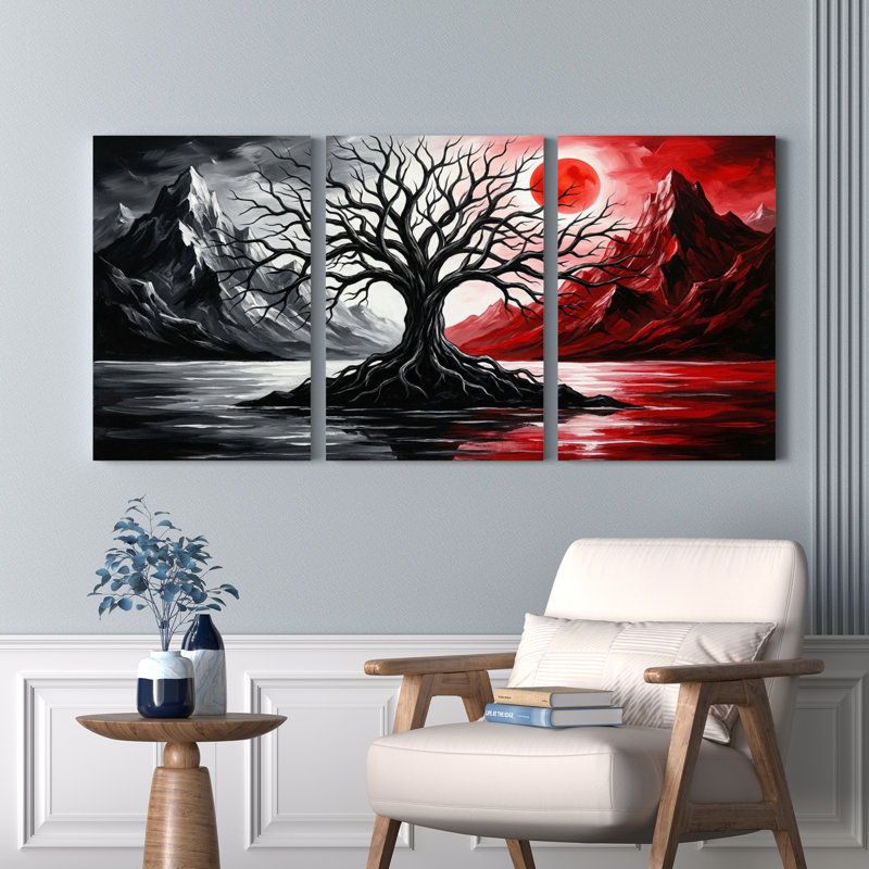 Ensemble de 3 tableaux sur toile représentant un paysage de montagne avec des arbres noirs et rouges, 2030