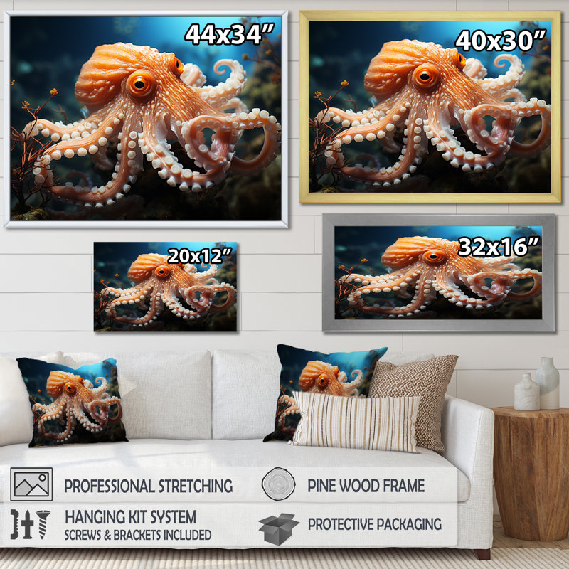 Pieuvre contemporaine sous-marine sur toile, Toile tendue, 30" H x 40" W